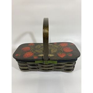 Vintage Woven Sewing Picnic Basket Purse Lined w/StrawberryDecoupaged Wooden Lid
